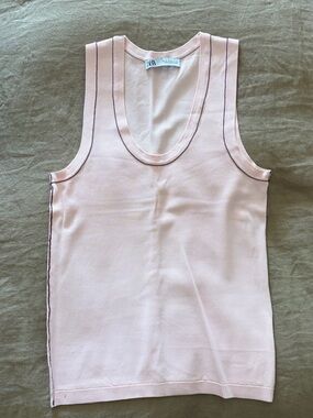 Zara Light Pink Knit Top with Contrast Stitching